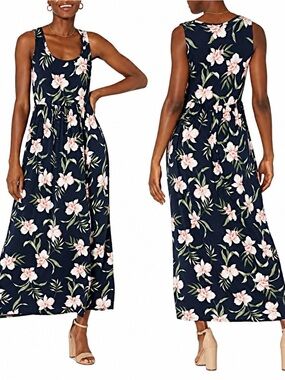 NWT Amazon Essentials Sleeveless Navy Pink Floral Jersey Maxi Dress Sz L